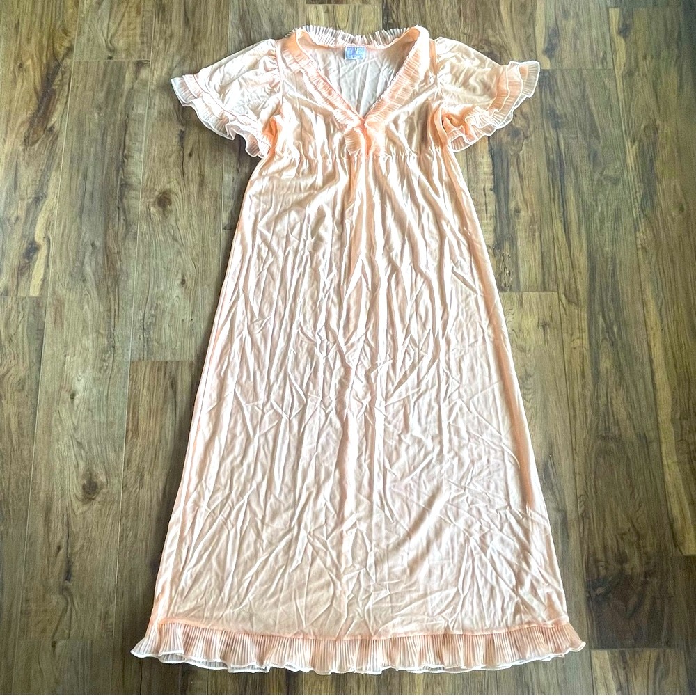 VINTAGE 70s BLOOMIES peachy keen ruffled sleeve night gown dress size L pajamas